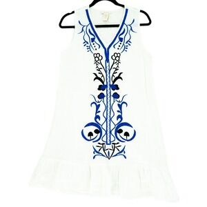 Klozlyne White Blue Embroidered Sleeveless Ruffle Tunic Dress M Cotton